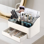 KINGFOM PU Leather Desk Organizer with Drawer, 5 Compartments Desktop Storage Caddy for Office Home Supplies, Pen Holder for Remote Control, Phone & Accessories, Mail Organizer Countertop Ivory White