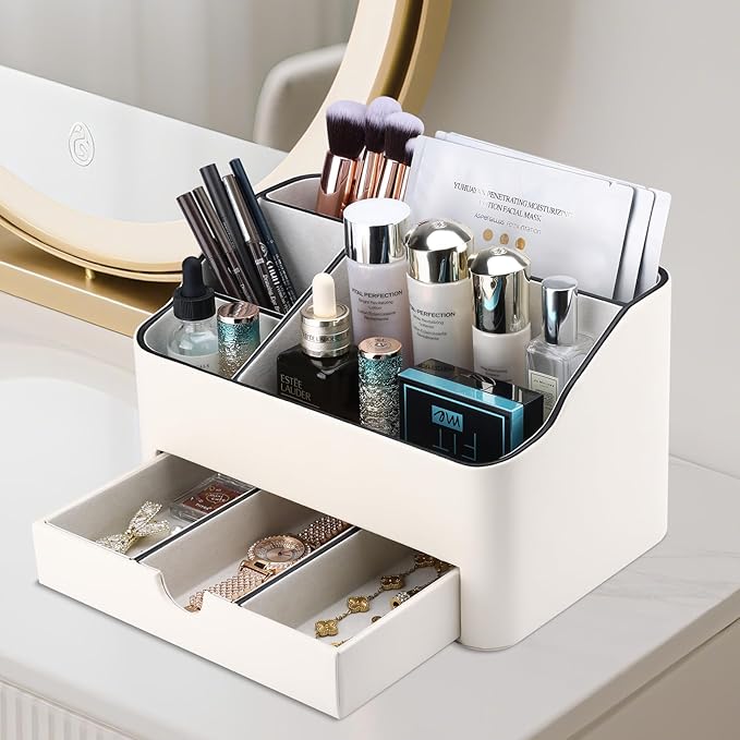 KINGFOM PU Leather Desk Organizer with Drawer, 5 Compartments Desktop Storage Caddy for Office Home Supplies, Pen Holder for Remote Control, Phone & Accessories, Mail Organizer Countertop Ivory White