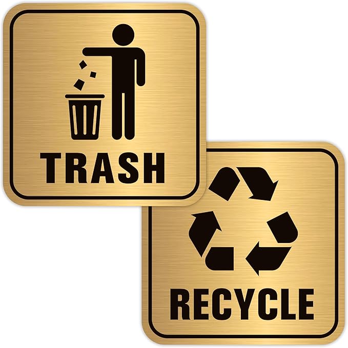 2PCS Recycle Stickers for Trash Bins, Self-Adhesive Waterproof Brushed Gold Trash and Recycling Stickers for Trash Can, Kitchen, Office, Garbage Bin Indoor, Outdoor UseS