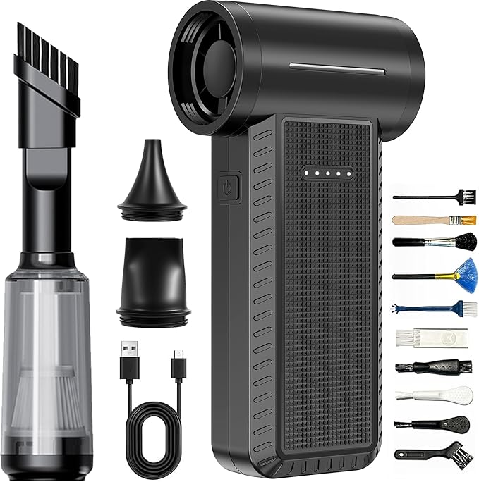 Electric Air Duster & Vacuum Cleaner, 130000 High-RPM Brushless Motor, Compressed Air Blower, Cordless with Inflating, Battery Powered, 15-Piece PC Cleaning Kit for Leaves, Cars, Computers, Office