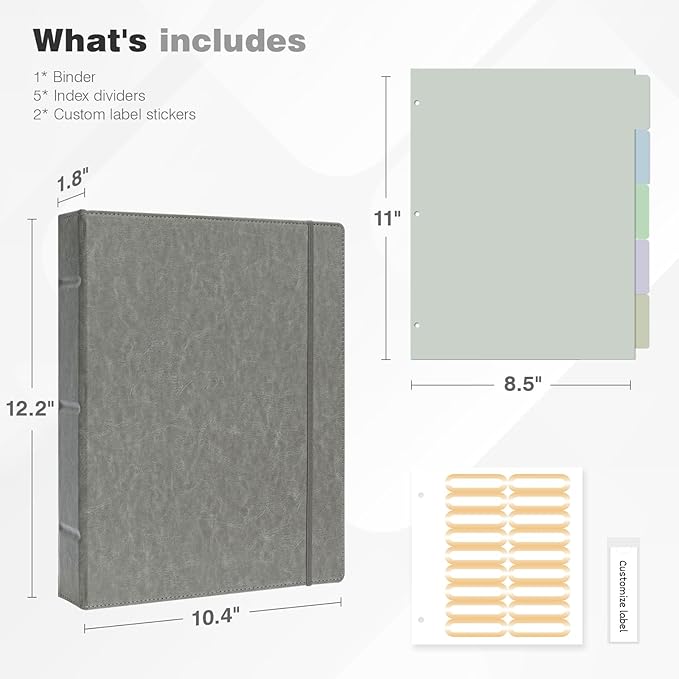 Ospelelf Vintage Hardcover 3 Ring 1 inch Leather Binder, Professional Binders Organizer Suitable for Letter Size Documents, Binder Dividers with Tabs, Faux Gray Leather