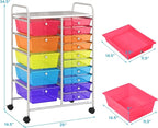Giantex 15 Drawer Rolling Cart with Drawers, Storage Organizer Cart for Classroom Office School Teacher, Mobile Drawer Cart for Tools, Crafts, Small Printer, Paper (Clear Red+Orange+Green+Blue+Purple)