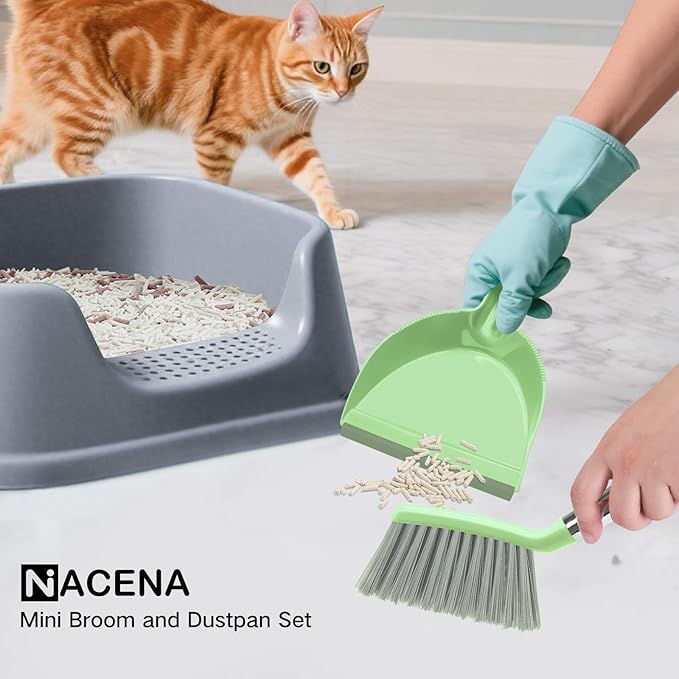 NACENA Mini Broom and Dustpan Set, Small Dust Pan and Brush Set with Handle Dustpan Teeth for Cleaning Hair Suitable for Office Desks Drawers Sofas Outdoor Camping, Light & Green