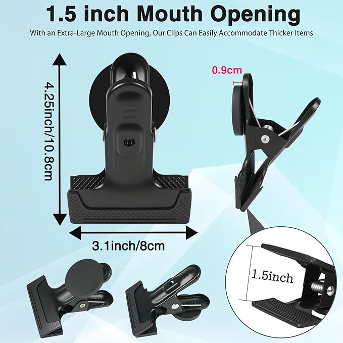 joaoxoko 3 Pack Heavy Duty Magnetic Clips 1.5 Inch Opening with Anti-Scratch Pads,Alloy Steel Rustproof Clip Securely Grip Tools, Flags, Blueprints for Home Office, Artist Studio (Black 3pcs)
