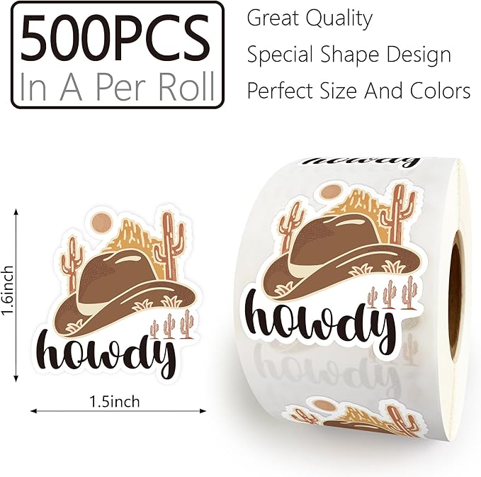Bttwkco 500pcs Howdy Cowboy Hat Sticker Roll, Western Party Stuff, Wild Life Cowgirl, Happy Mail, Thank You - Western Theme