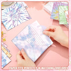 TaoBary 160 Pcs Stationery Paper Set 50 Double Sided Stationery Papers with 50 Matching Envelopes and 60 Round Dot Sticker, 10 Design(Tie Dye,5.5 x 8.25 Inch)