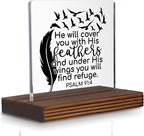 Christian Bible Verse Desk Sign, Psalm 91:4 Feather Wings Inspirational Scripture Gift for Women Men, Spiritual Office Desk Plaque for Birthday, Baptism, Retirement, Christmas PA129