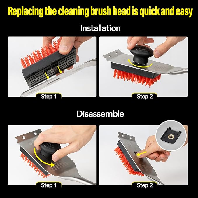 XUDAKAIXIN Nylon Grill Brush,Dual Grip Design,with Extended Luxurious Acaciawood Handle,Safe Nylon Bristles Barbecue Triple Scrubbers Cleaning Brush for Cast Iron Grates/Porcelain/Charcoal Grill