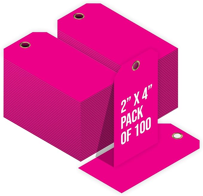 Tags 4 Less 15 Mil Waterproof Plastic Tags, Pack of 100 – 2” x 4” Heavy Duty Plastic Tags for Labeling, Outdoor Tagging, Equipment Labeling, Luggage, Valves & More (Fluorescent Pink)