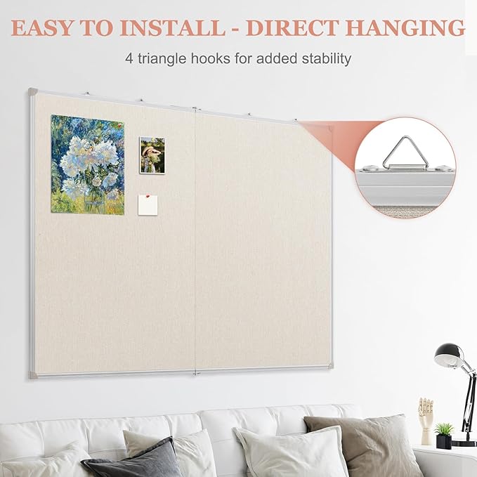 AMUSIGHT Double-Sided Large Cork Board with Linen, 48" x 36" Foldable Hanging Aluminum Framed Bulletin Board, Vision Board Pin Board Corkboards for Walls, Office, School Decor, 20 Pushpins
