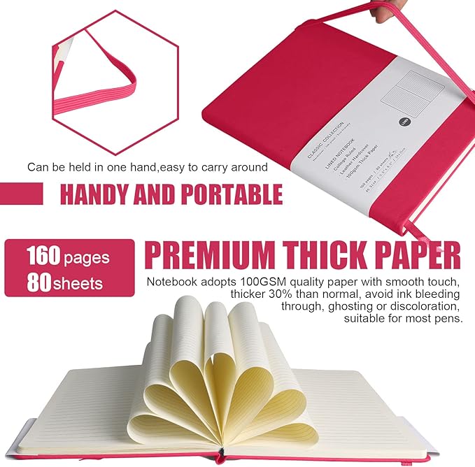 EMOMAS Lined Journal Notebook – Hardcover Notebook for Men & Women – Journals for Writing, Work, School, Home & Daily Notes, 160 Pages – Medium A5, 5.7"x8", 100 gsm Thick Paper (Rose Red)