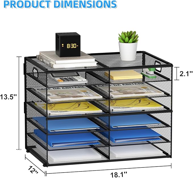 Lavatino 12 Compartments Paper Organizer for Desk, Mesh Literature Organizer, Mail File Sorter Tray with Handle, Desktop Mailbox for Office Classroom Home, Black