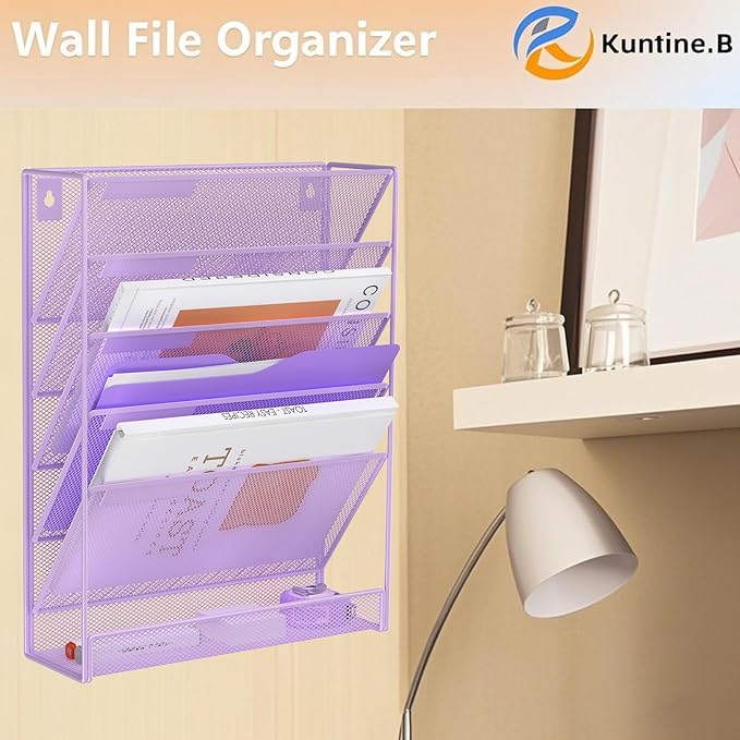 Kuntine.B 6-Tier Wall File Organizer Hanging File Organizer Cubicle Organizer Wall File Holder for Office Home (Purple, 6 Tier)
