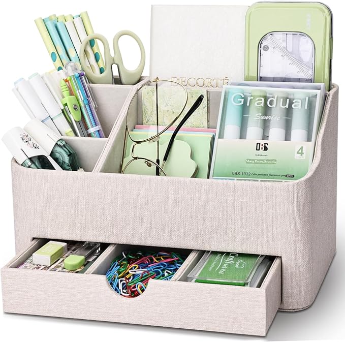 KINGFOM PU Leather Desk Organizer with Drawer, 5 Compartments Desktop Storage Caddy for Office & Home Supplies, Pen Holder for Remote Control, Phone & Accessories, Mail Organizer Countertop(Beige)