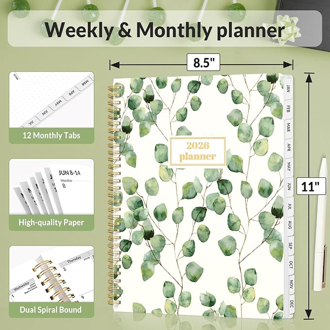 SUNEE 2026 Planner, Weekly and Monthly Calendar Planner, January 2026-December 2026, Daily Agenda with Tabs, Note Pages, Spiral Binding, 8.5"x11", Eucalyptus