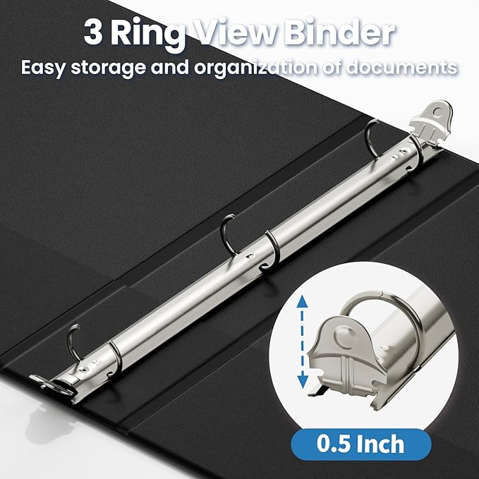 SUNEE 3 Ring Binder 1/2 Inch 1 Pack, Clear View Binder Three Ring PVC-Free (Fit 8.5x11 Inches) for School or Office Supplies, Black