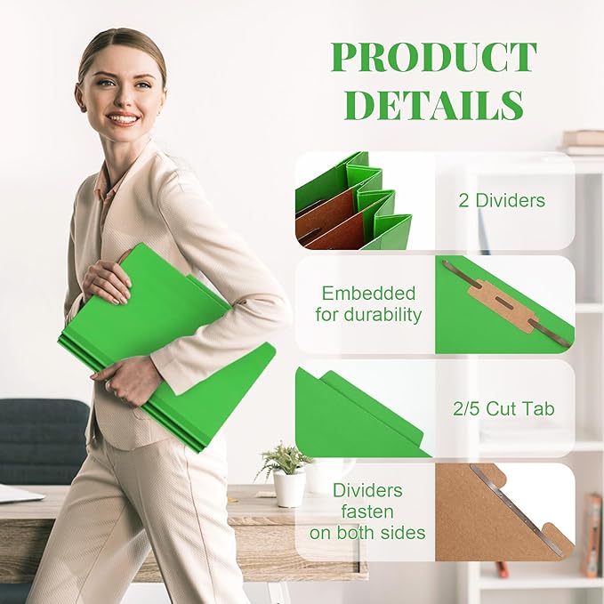 Skyygemm 60 Pcs Classification Folders Letter Size, 2 Divider Pressboard File Folders with 3. 5 Inch Expansion, 2 Prongs Fastener, Heavy Duty Office File Organizers for Teachers, Medical (Green)