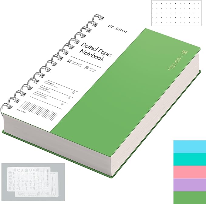 EMSHOI Spiral Dotted Notebook, Dot Grid Journal, 5.7"x8.22" A5 Size, 300 Pages/150 Sheets 100gsm Thick Paper, Waterproof Hardcover for Office, School, Work, Writing, Bullet Journaling (Green)