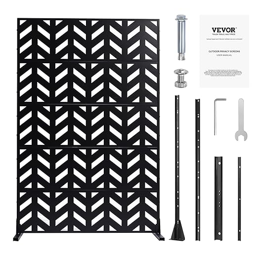 VEVOR Metal Privacy Screen, 47" W x 72" H, Outdoor Privacy Screens 5-Panel, Freestanding Outdoor Divider with Stand, Decorative Garden Steel Privacy Fence for Balcony Patio Indoor Room Black