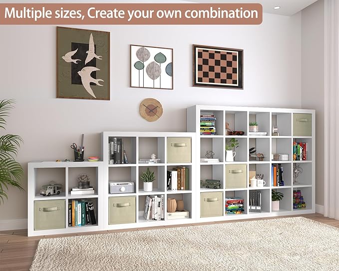 Bookshelf with Storage Bins, 9-Cube Storage Organizer Sturdy Wooden Bookcase Open Book Shelf, Multifunctional Cubicle Rack for Storages & Display, Furniture for Living Room Bedroom Office, White