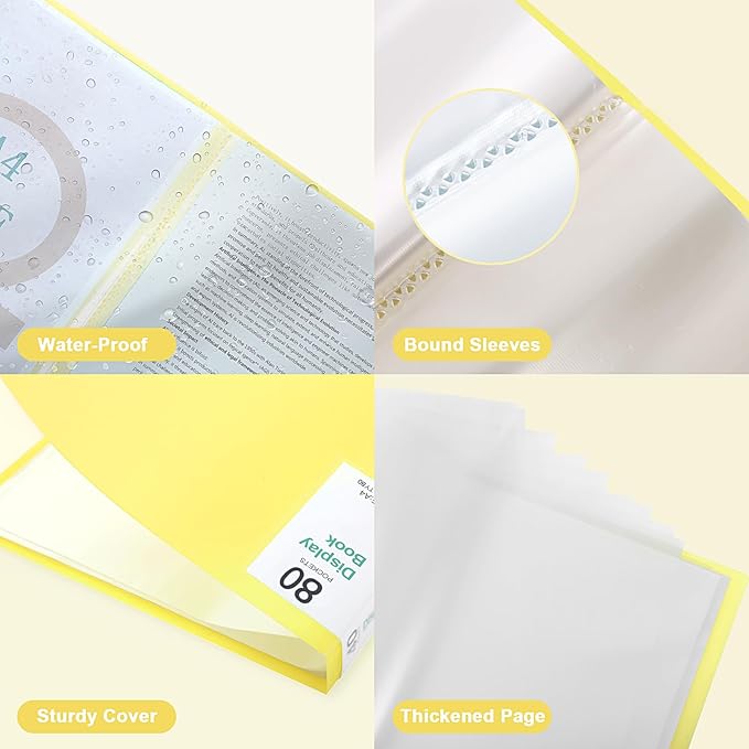Phyxin Portfolio Binder, 80-Pocket Portfolio Folder 8.5" x 11", Displaying 160 Page Binder with Plastic Sleeves, Plastic Folders for Women & Men, Students, Teachers, Yellow