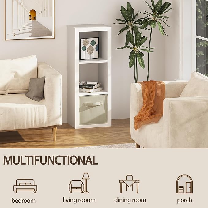 furtble 3 Cube Storage Organizer Shelf with Bins, White 3 Tier Bookcase with Fabric Storage Bins, Morden Bookshelf for Bedroom, Living Room, Closet, Office, 11.5" D x 11.5" W x 37.67" H