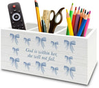 XPH Blue Coquette Bow Christian Pen Pencil Holder Organizer for Desk, Preppy Desk Decor, Christian Gifts for Women, Bible Verse Wooden Box Sign for Girly Room Bedroom Dorm Tabletop Decorations