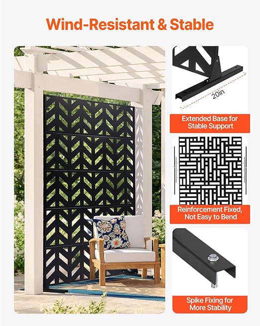 VEVOR Metal Privacy Screen, 47" W x 72" H, Outdoor Privacy Screens 5-Panel, Freestanding Outdoor Divider with Stand, Decorative Garden Steel Privacy Fence for Balcony Patio Indoor Room Black