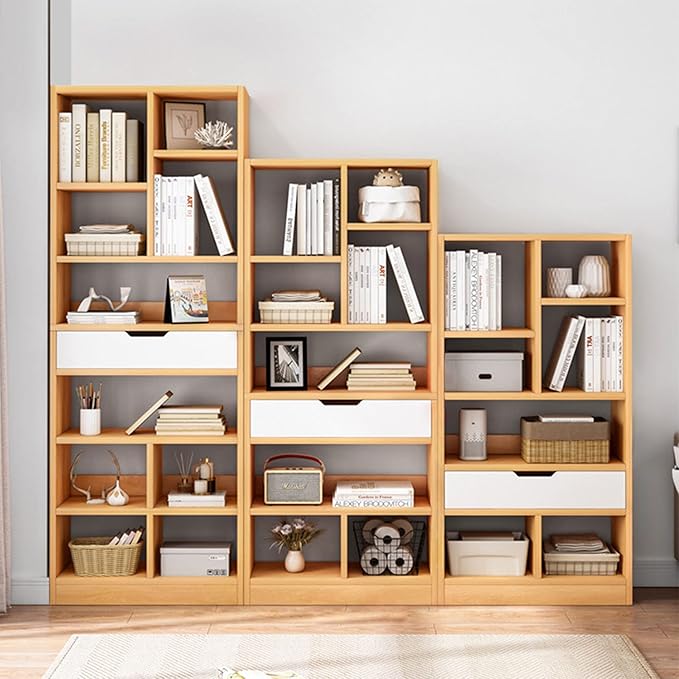 IOTXY Wooden Open Shelf Bookcase - 61 Inches Height Freestanding Display Storage Cabinet Organizer with 8 Cubes and a Drawer, Floor Standing Bookshelf in Maple Yellow