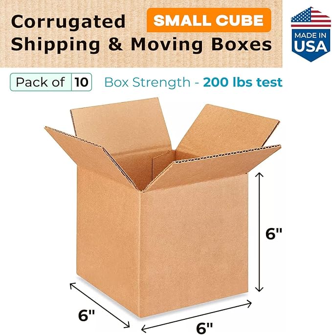 Small Cube Moving & Shipping Boxes 6x6x6 inches (10-Pack) - Extra Strength 200 lb vs Regular - Corrugated Moving Boxes - Box for Packaging Moving Supplies - Packaging Box by IDL Packaging