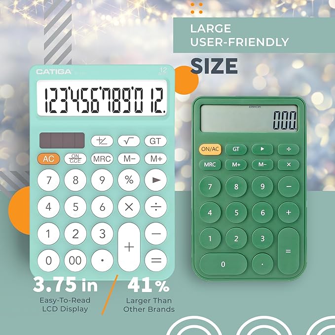CATIGA 12 Digit Desktop Calculator Basic Desk Calculator with Large LCD Display, Big Buttons, 4 Function, Solar and Battery Dual Power, for Office, School, Home, SD-1292 Fresh Blue