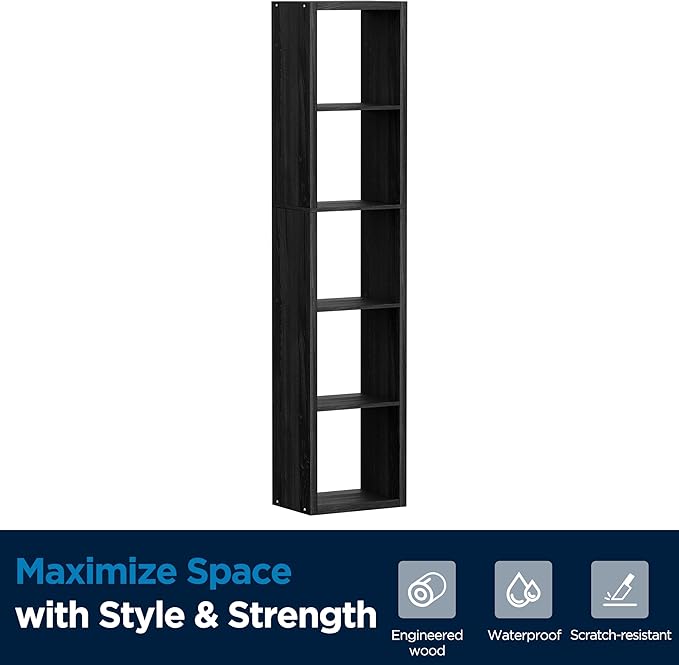 Jpiziso 5 Cube Storage Organizer Single Row, Cube Shelf with Heavy-Duty Thick Boards, 13.31" L x 9.37" W x 60.55" H, Smooth Easy-Clean Panels, Simple Assembly, for Living Room Bedroom Office, Black
