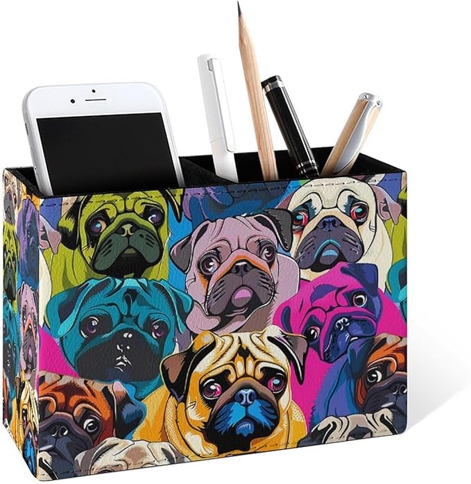 Famame Colorful Pug Dogs Funny Puppy Pencil Holder for Desk, Leather Desktop Container Pen Cup Storage Study Table Pen Organizer Makeup Brushes Holder for Office Home