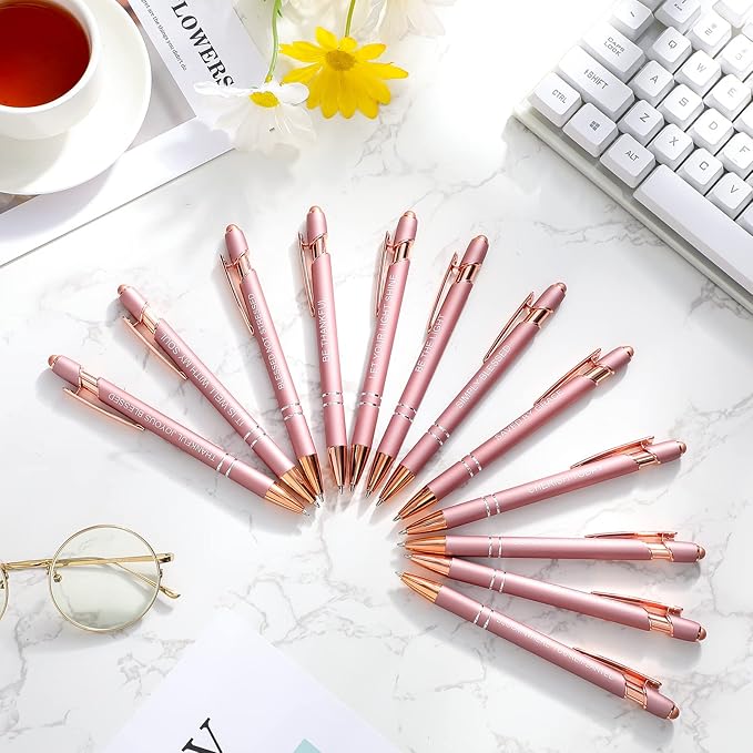 Zonon 12 Pcs Inspirational Pens Bulk Funny Ballpoint Pen with Stylus Tip Motivational Gifts for Valentine's Day Teacher Coworkers Nurse School Office Supplies(Rose Gold,Bible Style)