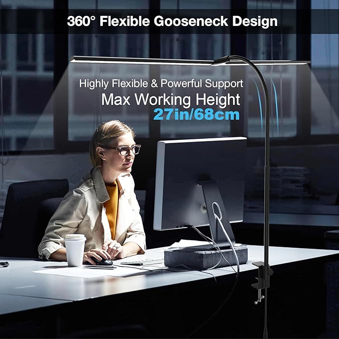 Hensam Desk Lamp for Office Home, 31.5" Desktop Lighting Bar with Gooseneck, Clip on Desk Light with Clamp, Bright Dimmable Table Lamp for Study, Work, Computer, Monitor, Reading