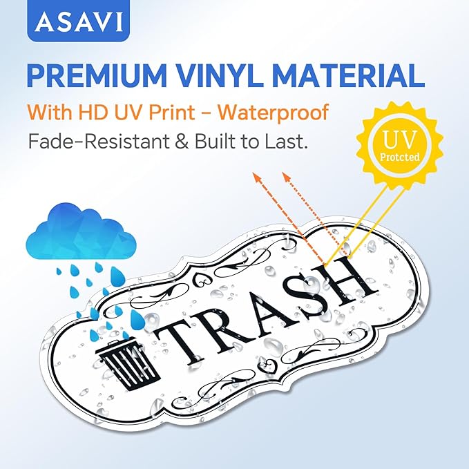 ASAVI Trash & Recycle Stickers – 2-Pack Self-Adhesive Vinyl Labels, Waterproof & Durable (White, Medium 6.3 x 2.7 inches)