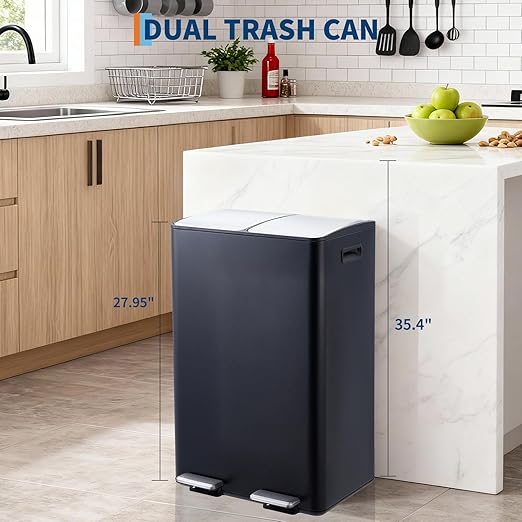 Garvee Dual Trash Can, 16 Gal (2 x 30 l) Stainless Steel Kitchen Garbage Can with Lid and Inner Bucket, Double Compartment Trash and Recycle Bin Combo with Step Pedal for Home Office, Black