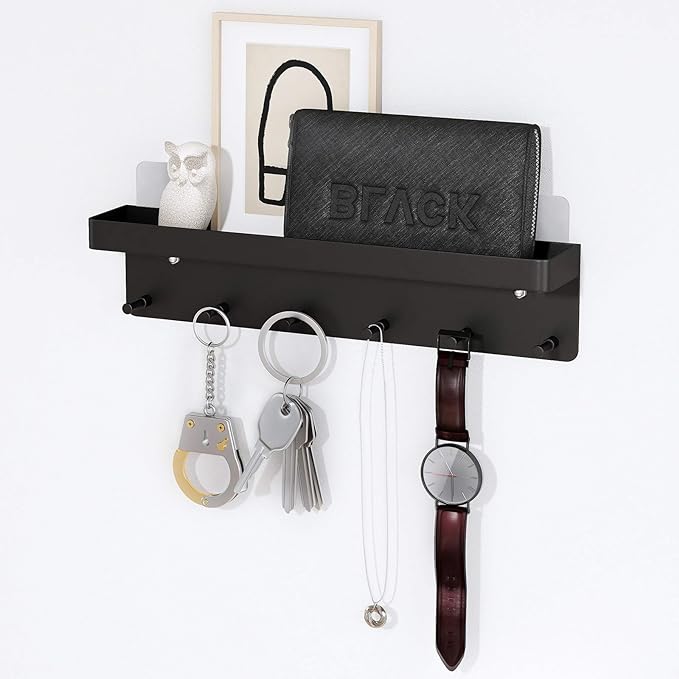 MKO Key Holder Wall Mount, Key Holder Wall Mount Adhesive with Mail Organizer Tray with 6 Key Hooks for Wall, Black