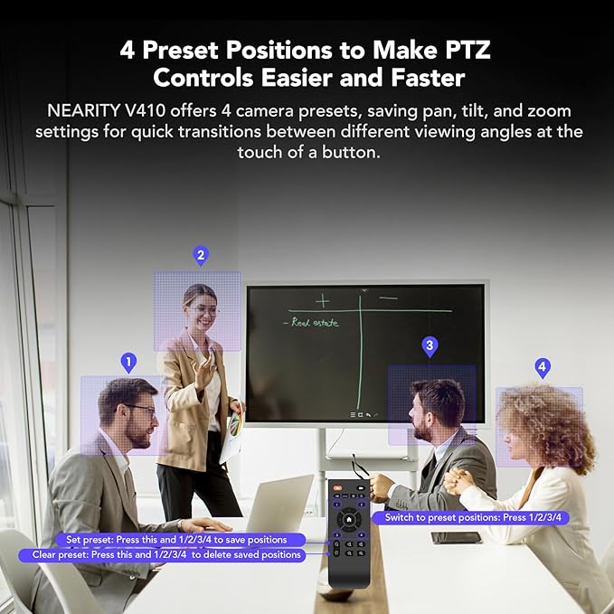 NEARITY V410 NDI PTZ Camera, 2K 10x Hybrid Zoom Video Conference Webcam, AI-Powered Noise Cancellation, 4 Preset Positions, 350° Pan&60° Tilt, 120° FOV, Remote Control for Zoom/Teams/Google Meet