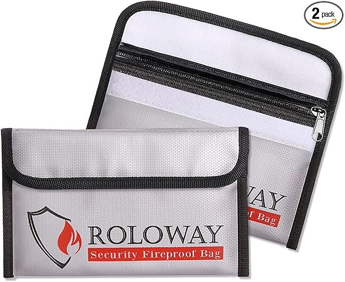 ROLOWAY Small Fireproof Bag (5 x 8 inches), Non-itchy Fireproof Money Bag for Cash, Valuables, Passport, Currency & Keys (2-Pack Silver)