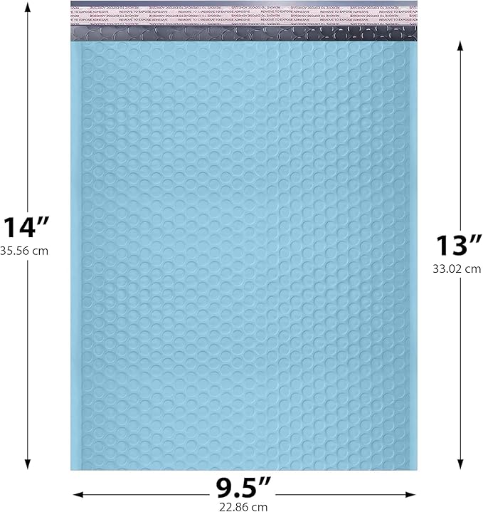 Light Blue 10x13 Inch Poly Bubble Mailers |Self Seal Padded Envelopes for Thick books | Cushioned Bubble Mailer | Usable Size 9.5x13 Inch | Waterproof Lightweight Mailing Shipping Bags | 100 Pack Bulk