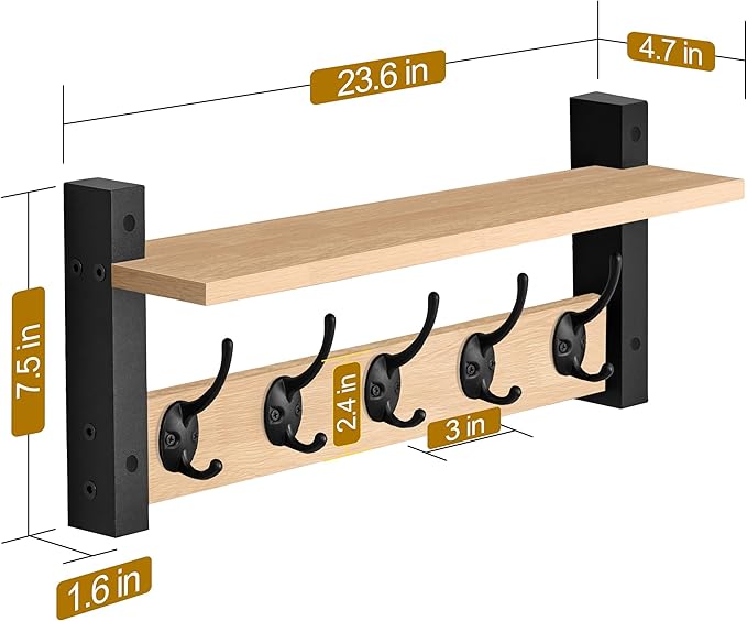Sorbus Coat Hooks Wall Mount with Shelf – 24 Inch Coat Rack Wall Mount with 5 Heavy Duty Hooks – Floating Wall Shelf with Hooks for Entryway, Bathroom, Bedroom, Kitchen, or Mudroom (Maple Wood)