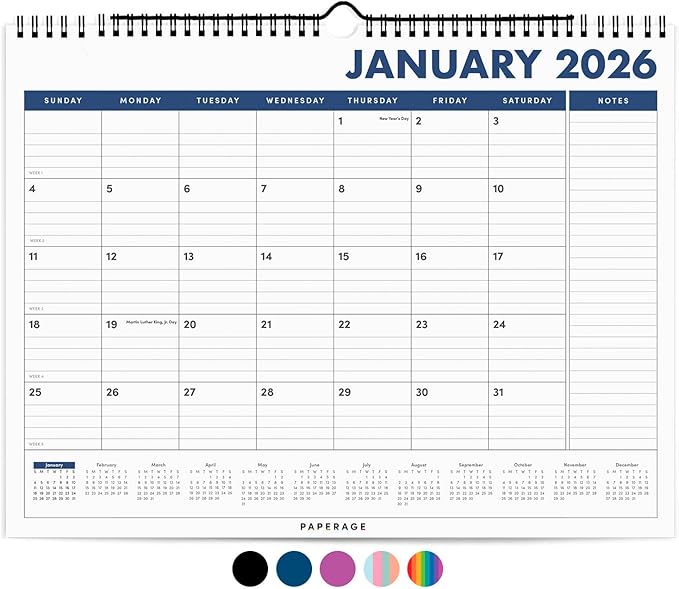 PAPERAGE 2026 Calendar, 12 Months (January 2026 - December 2026), Medium (11.5 in x 14.75 in), Minimalist Wall and Desk Calendar with Monthly Views, Yearly Plans & Notes Section – Navy