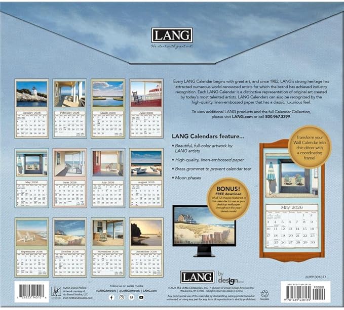 Lang Seaside 2026 Wall Calendar – 12-Month Calendar with Stapled Binding, Linen-Embossed Coastal Artwork by Daniel Pollera, 13.4" × 12"
