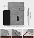 vfaejll Grey A5 Lined Leather Journal Notebook for Men Women,5.9" X 8.4" Personalized Hardcover Journal with Pen,200 Pages 100 Gsm Thick Ruled Paper Daily Diary for Travel,Business,Work,Writing
