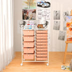 GLACER 15 Drawers Rolling Cart, Storage Cart with w/Removable Drawers & Steel Frame, Multipurpose Organizer Cart w/Sleek Handle, Utility Cart on Lockable Wheels for Home, School, Office (Peach)