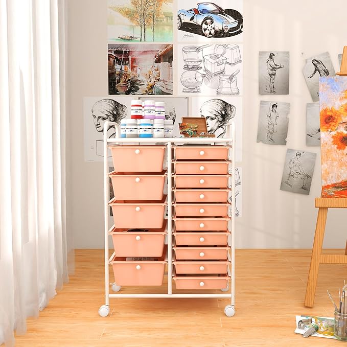 GLACER 15 Drawers Rolling Cart, Storage Cart with w/Removable Drawers & Steel Frame, Multipurpose Organizer Cart w/Sleek Handle, Utility Cart on Lockable Wheels for Home, School, Office (Peach)