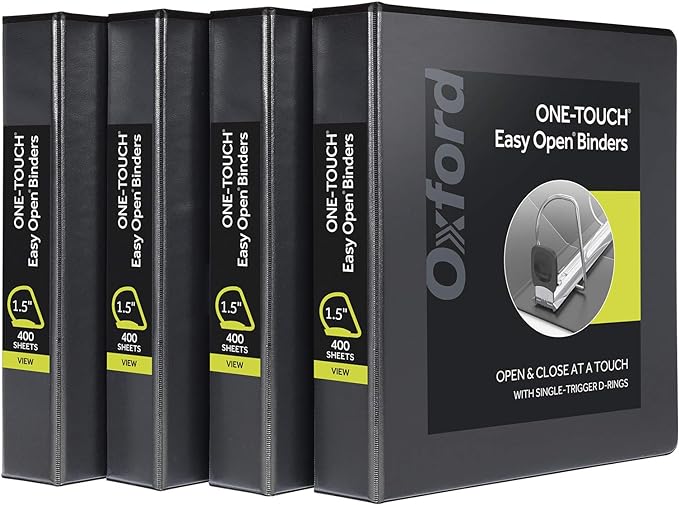 Oxford 3 Ring Binders, Binders for School and Office, Durable 1.5 Inch ONE-Touch Easy Open D Rings, View Binder Covers on 3 Sides, Durable Hinge, Non-Stick, PVC-Free, Black, 4 Pack (79905)