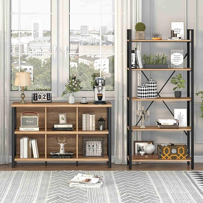 FATORRI 6 Cube Storage Organizer with Shelf, Long Wood and Metal Cubby Bookcase, Industrial Horizontal Bookshelf (Rustic Oak, 47 Inch) | with Shelf, Long, Horizontal Bookshelf