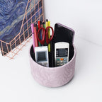 Hennaja Round Leather Art Supply Organizer,Remote Control Holder,360 Degree Spinning,Multi-Functional Pencil Holder,4 Compartments Desktop Stationary Organizer(1-Carved Purple)